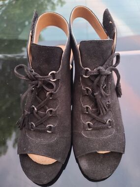 Adrienne Vittadini Black Suede Lace-Up Peep-Toe Mules